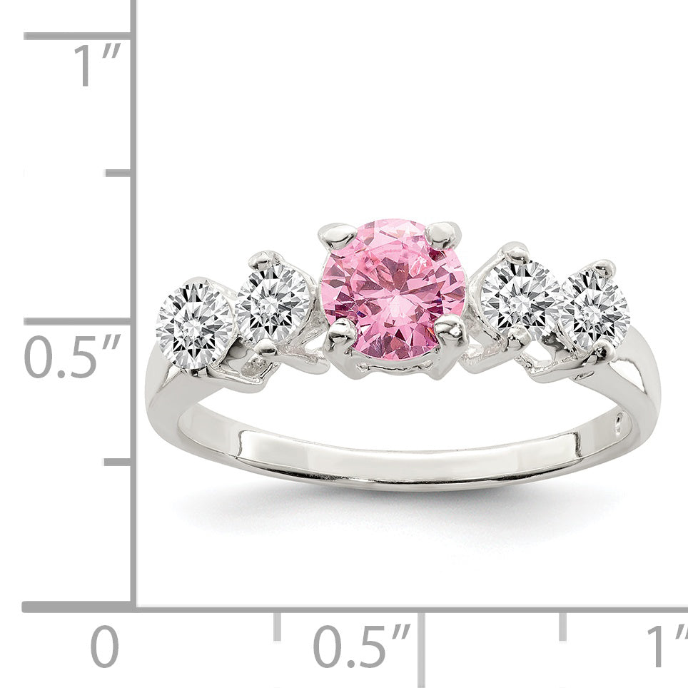 Sterling Silver Pink Round CZ With Side Stones Ring
