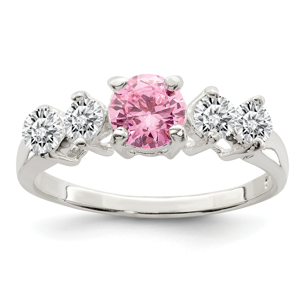 Sterling Silver Pink Round CZ With Side Stones Ring