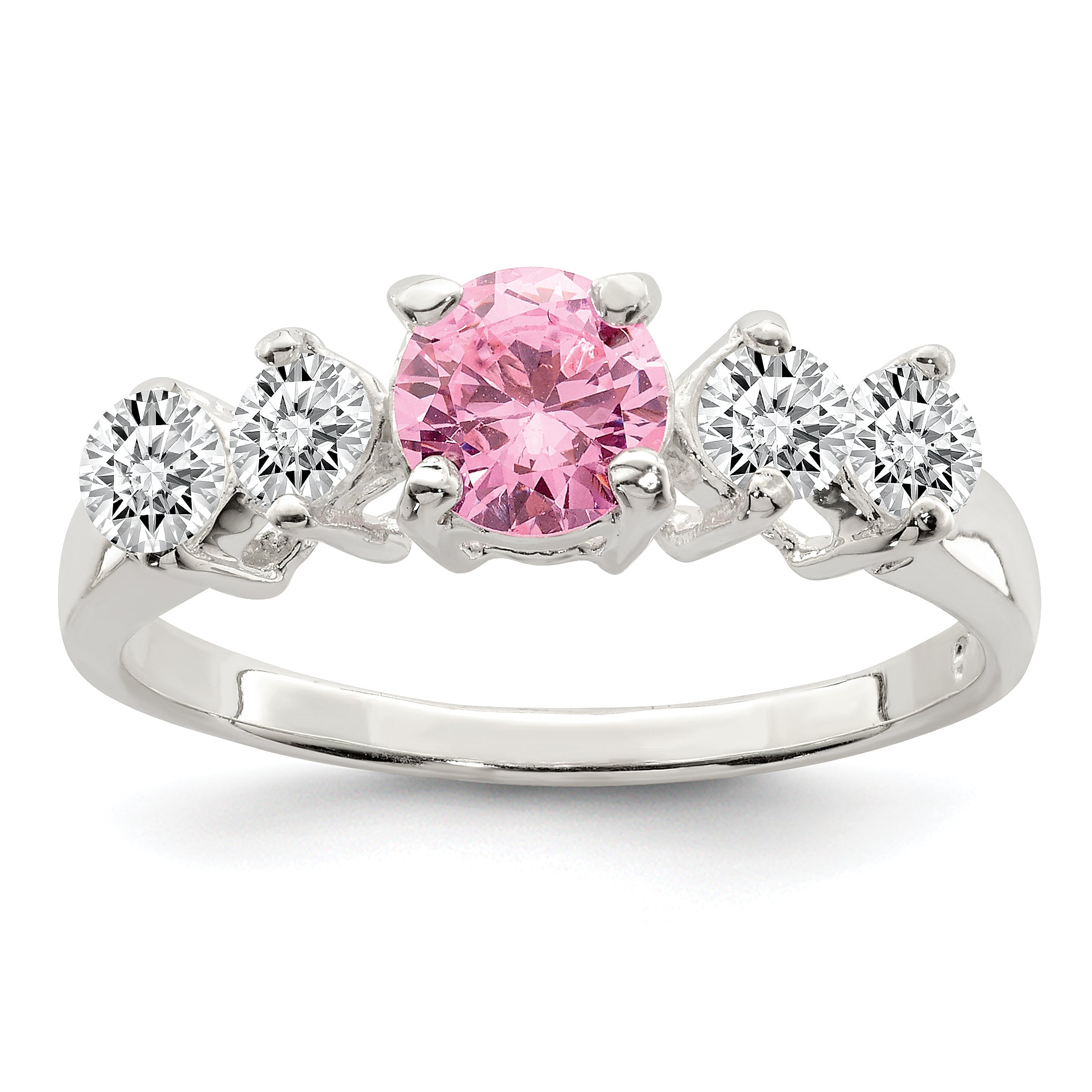 Sterling Silver Pink Round CZ With Side Stones Ring