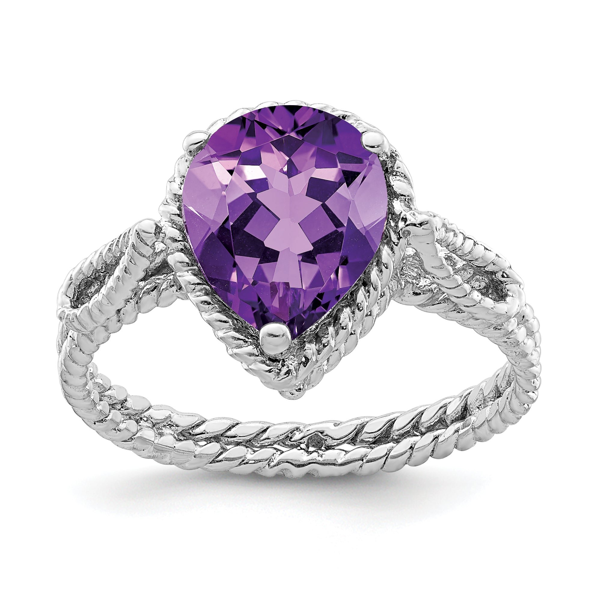 Sterling Silver Rhodium-plated Amethyst Pear Twisted Ring Main image