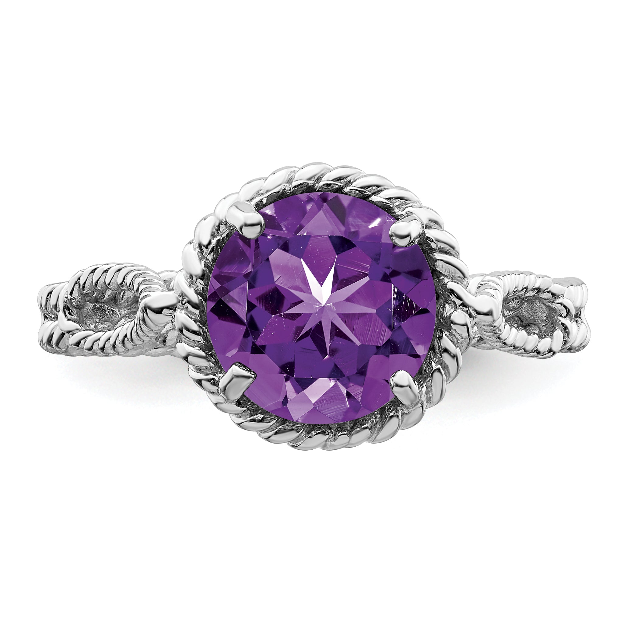 Sterling Silver Rhodium-Plated Amethyst Twisted Circle Ring