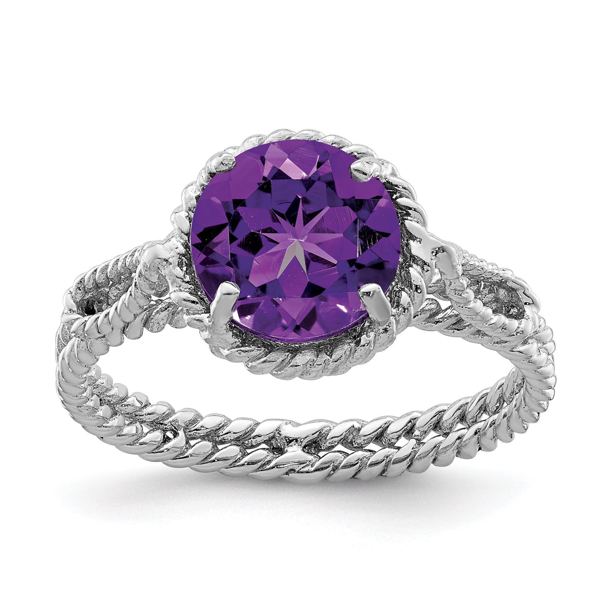 Sterling Silver Rhodium-Plated Amethyst Twisted Circle Ring
