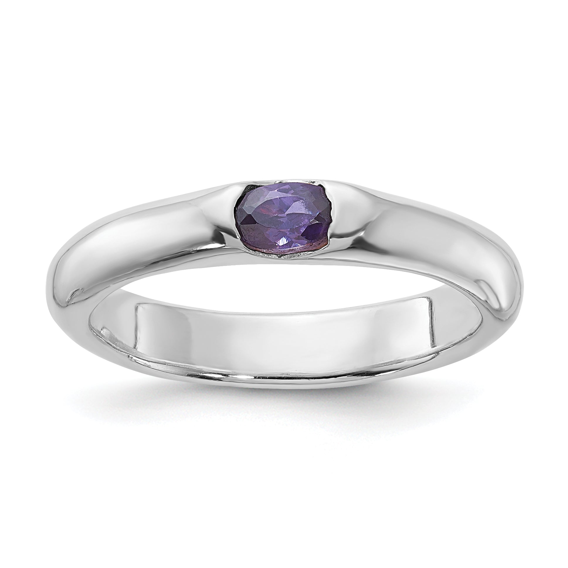 Sterling Silver Purple Oval Cubic Zirconi Half Bezel Ring