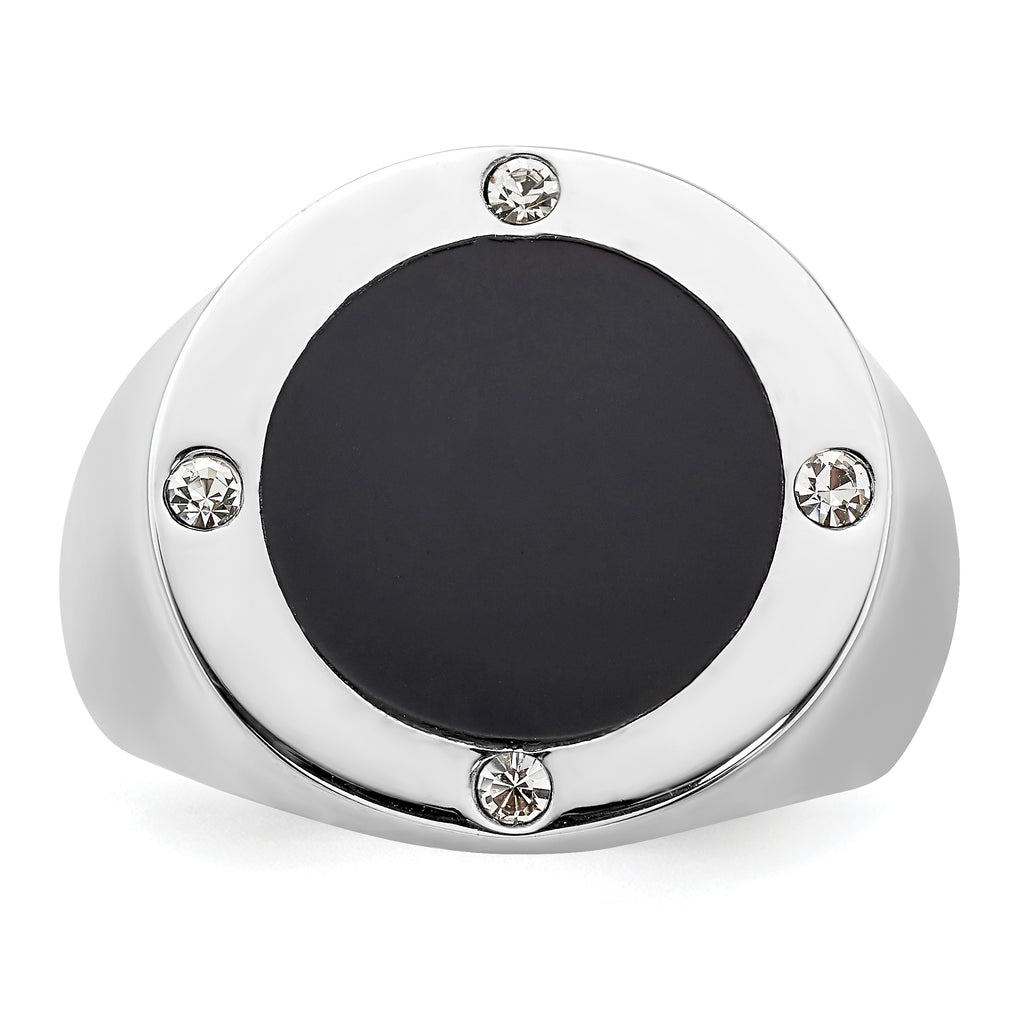 Sterling Silver Rhodium Plated Black Simulated Onyx & CZ Ring