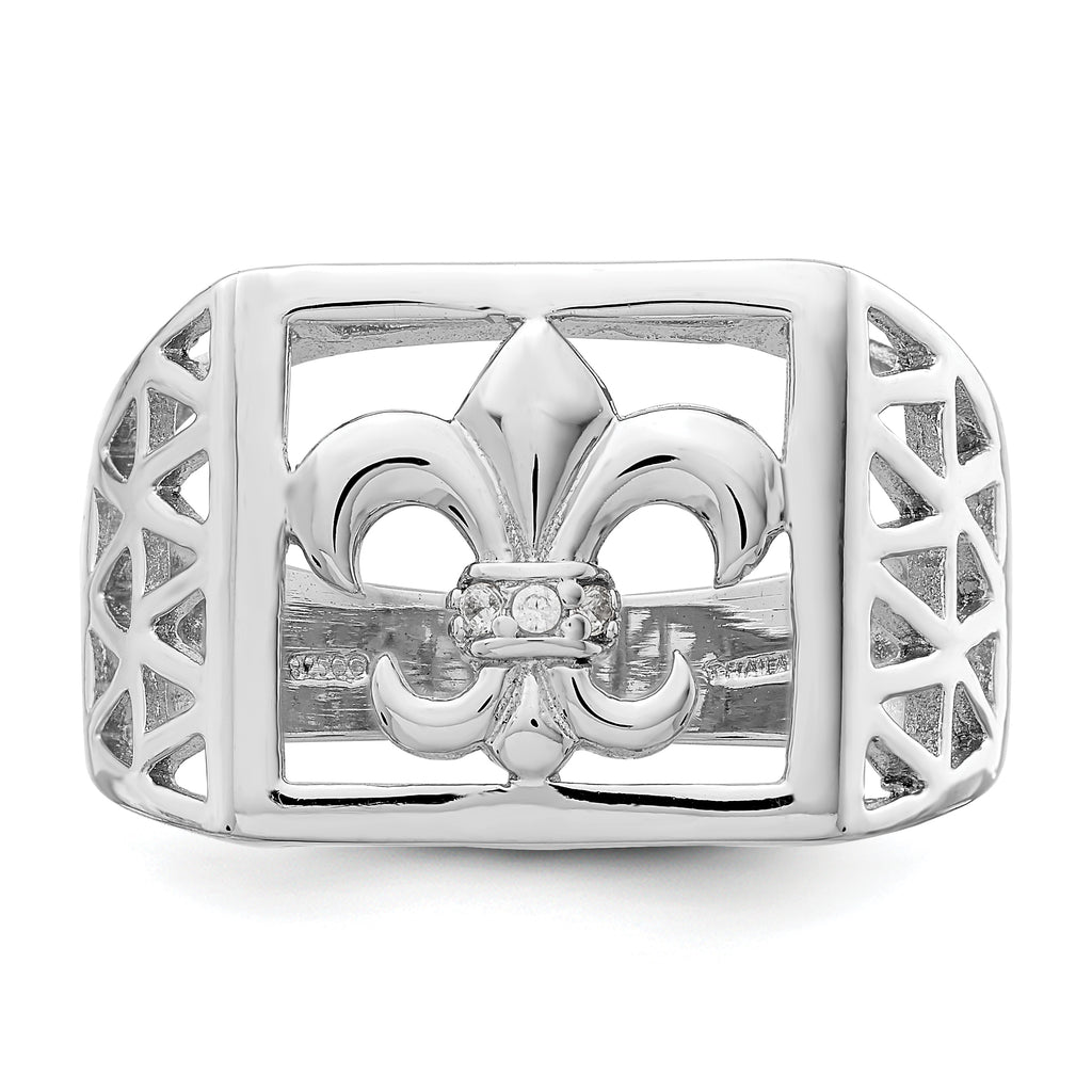 Sterling Silver Rhodium Plated CZ Fleur de lis Ring