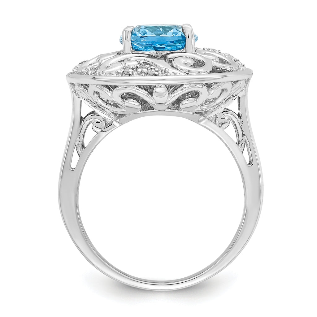 Sterling Silver Rhodium Blue Topaz and Diam. Ring