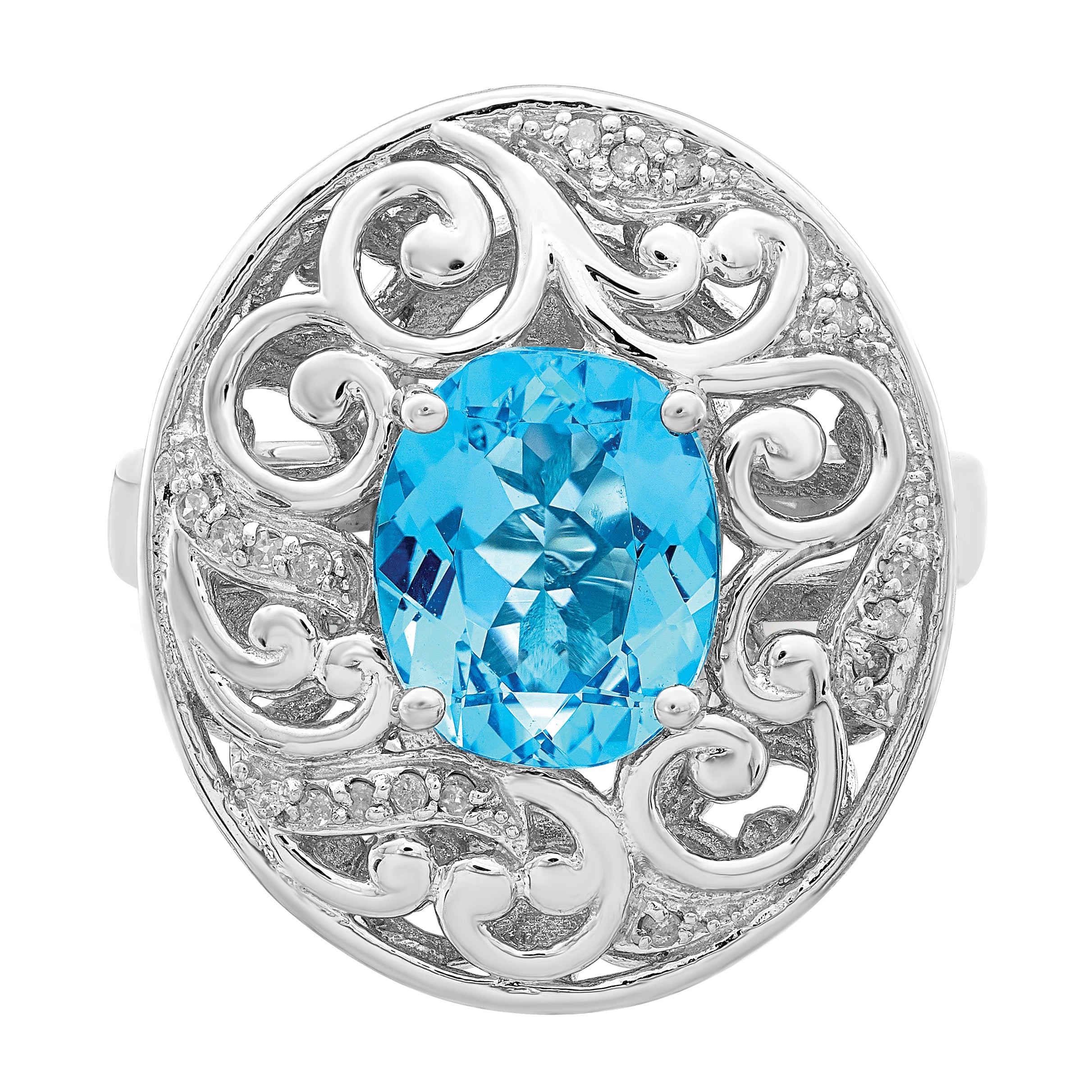 Sterling Silver Rhodium Blue Topaz and Diam. Ring