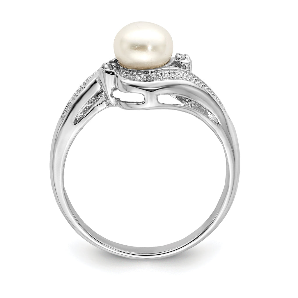 Sterling Silver Rhodium-Plated Plated Diamond and FW Cultured Pearl Ring