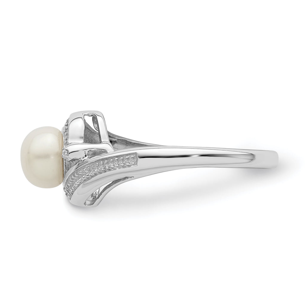 Sterling Silver Rhodium-Plated Plated Diamond and FW Cultured Pearl Ring