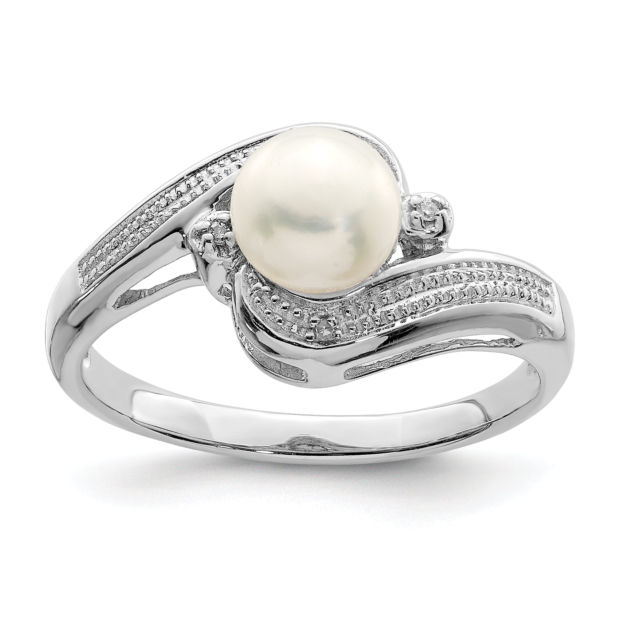 Sterling Silver Rhodium-Plated Plated Diamond and FW Cultured Pearl Ring Main image