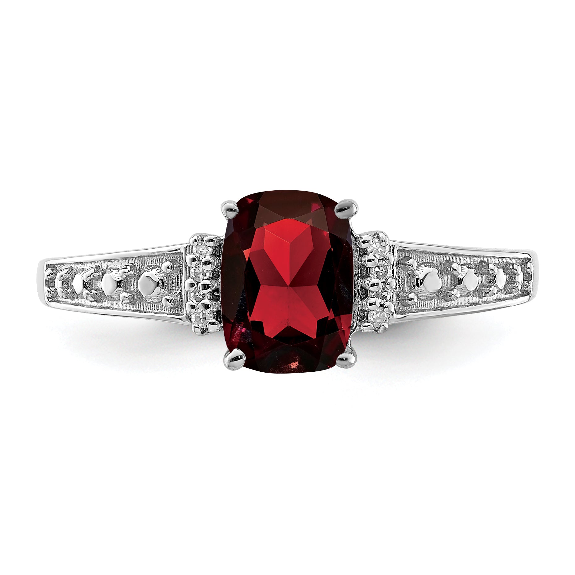 Sterling Silver Rhodium Plated Diamond and Garnet Cushion Ring