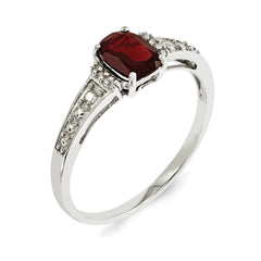 Sterling Silver Rhodium Plated Diamond and Garnet Cushion Ring