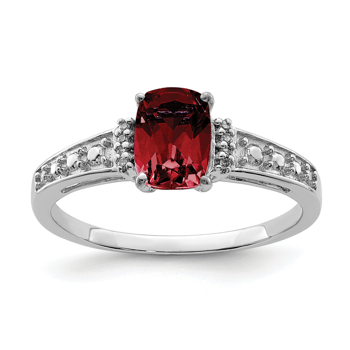 Sterling Silver Rhodium Plated Diamond and Garnet Cushion Ring