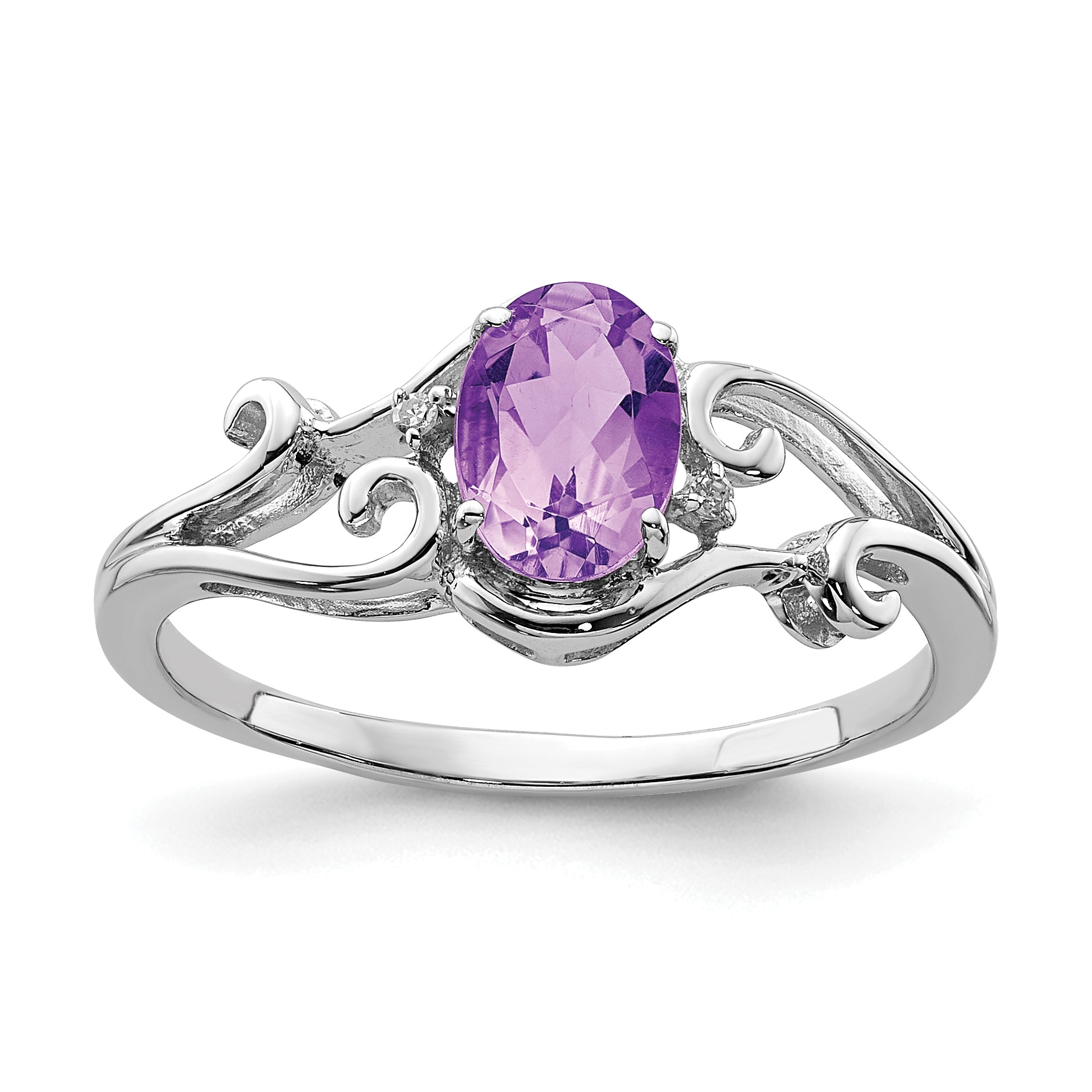 Sterling Silver Rhodium Plated Diamond and Amethyst Oval Ring Main image