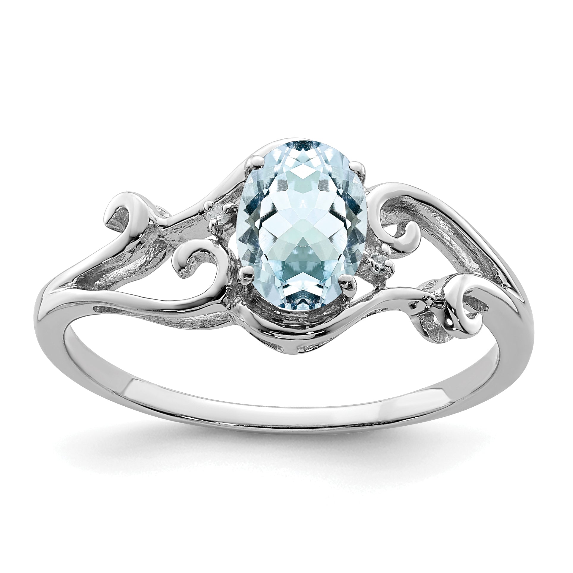 Sterling Silver Rhodium Plated Diamond & Aquamarine Oval Ring Main image