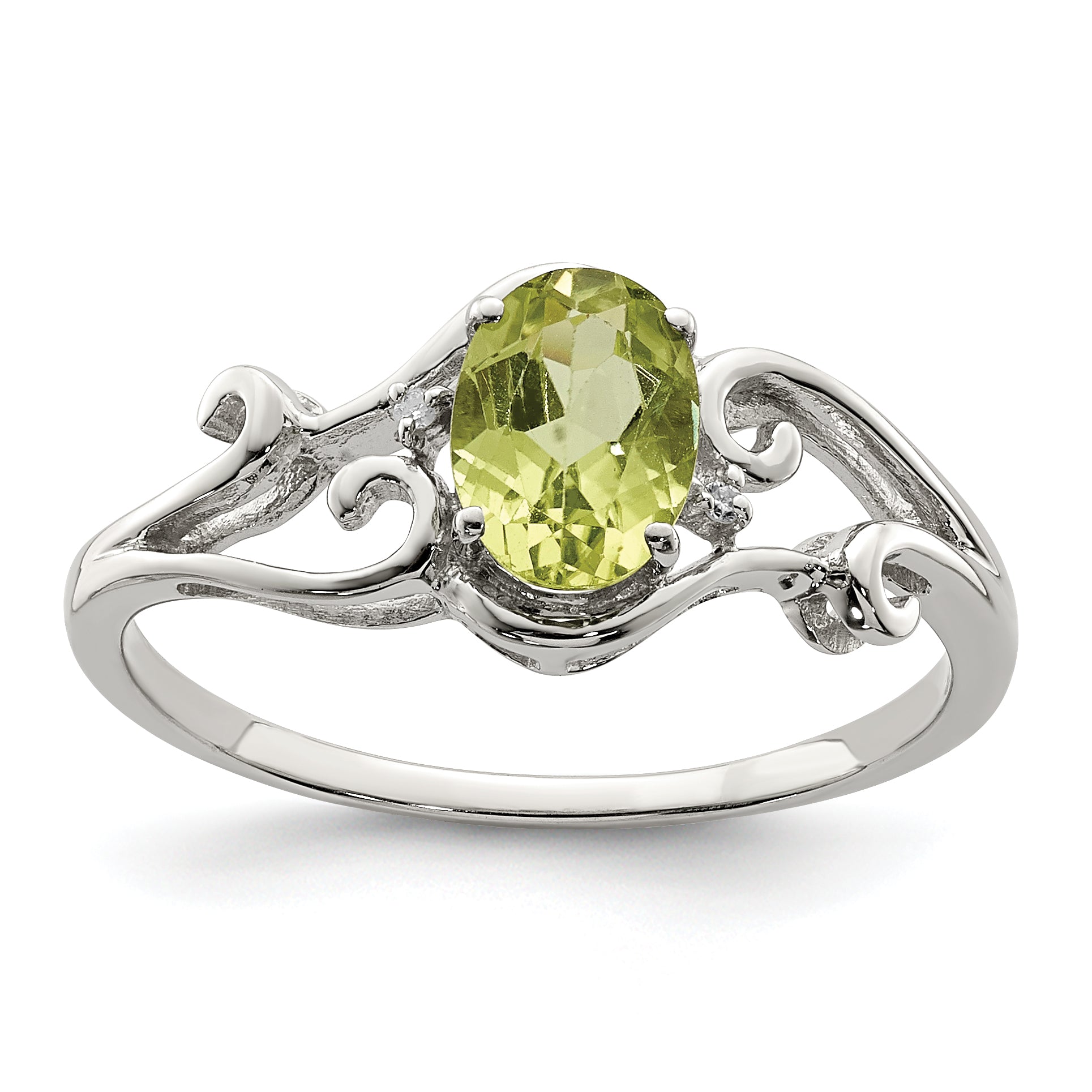 Sterling Silver Rhodium Plated Diamond and Peridot Oval Ring Main image