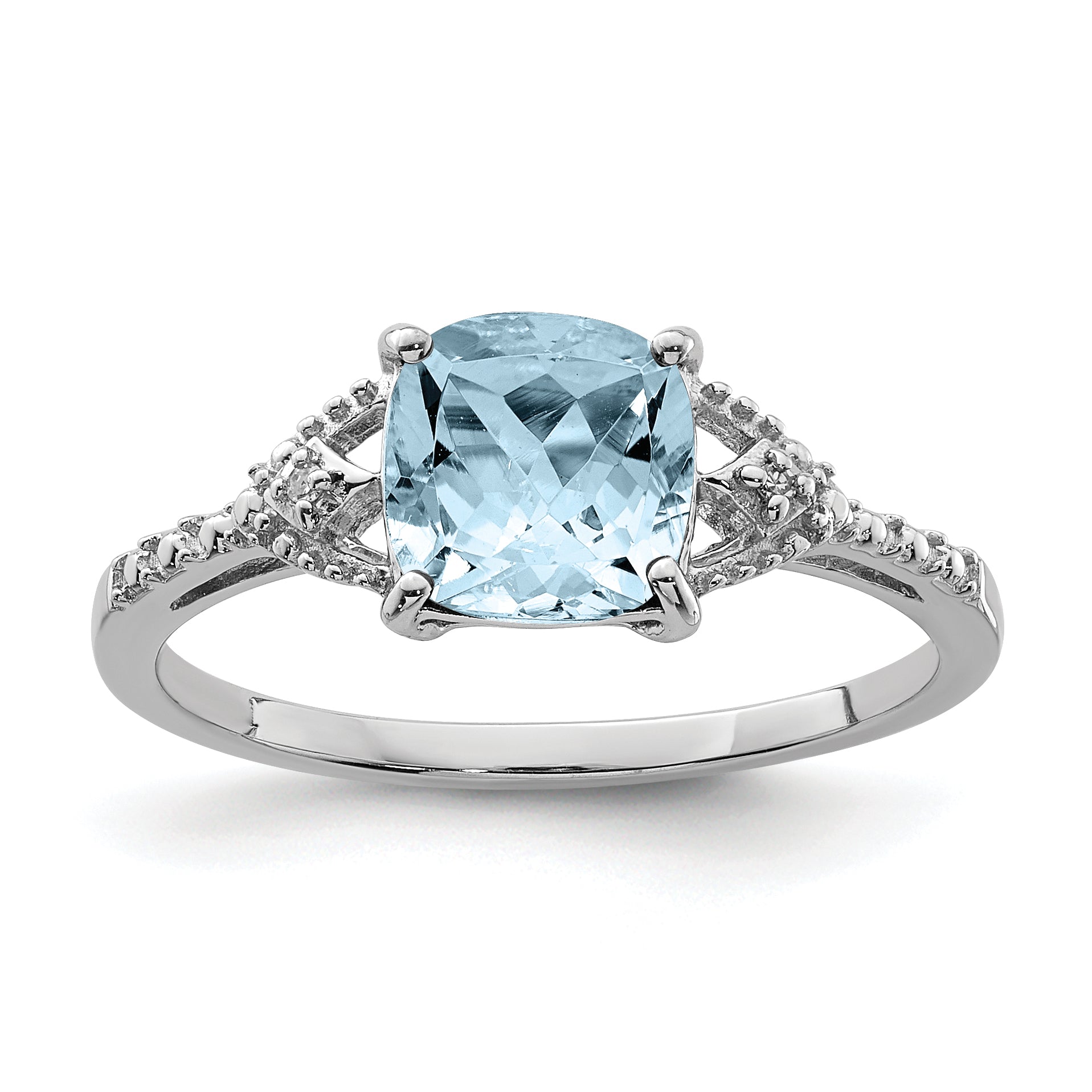 Sterling Silver Rhodium Plated Diamond and Aquamarine Ring Main image