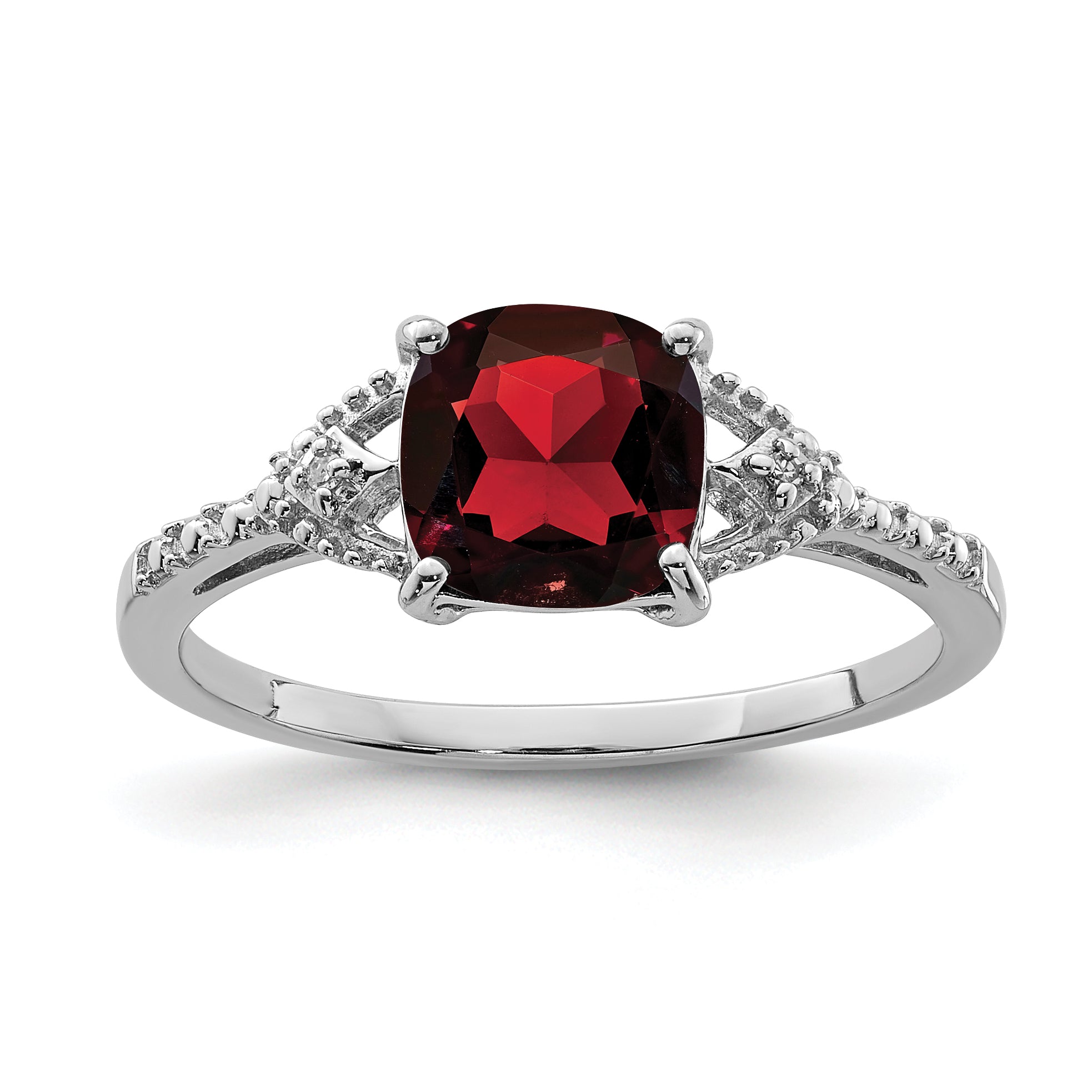 Sterling Silver Rhodium Plated Diamond and Garnet Ring