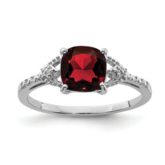 Sterling Silver Rhodium Plated Diamond and Garnet Ring