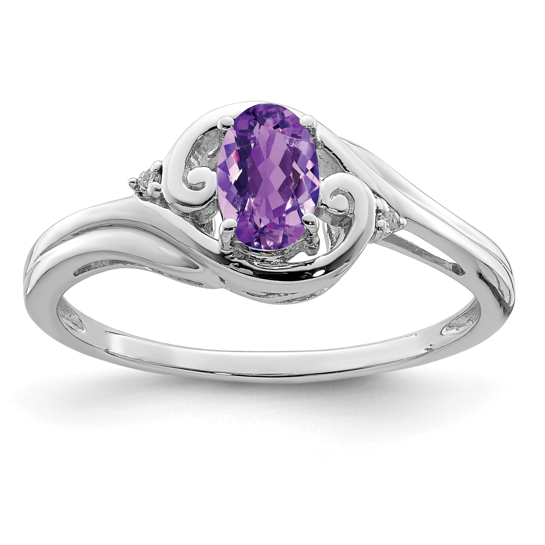 Sterling Silver Rhodium Plated Diamond & Amethyst Ring Main image