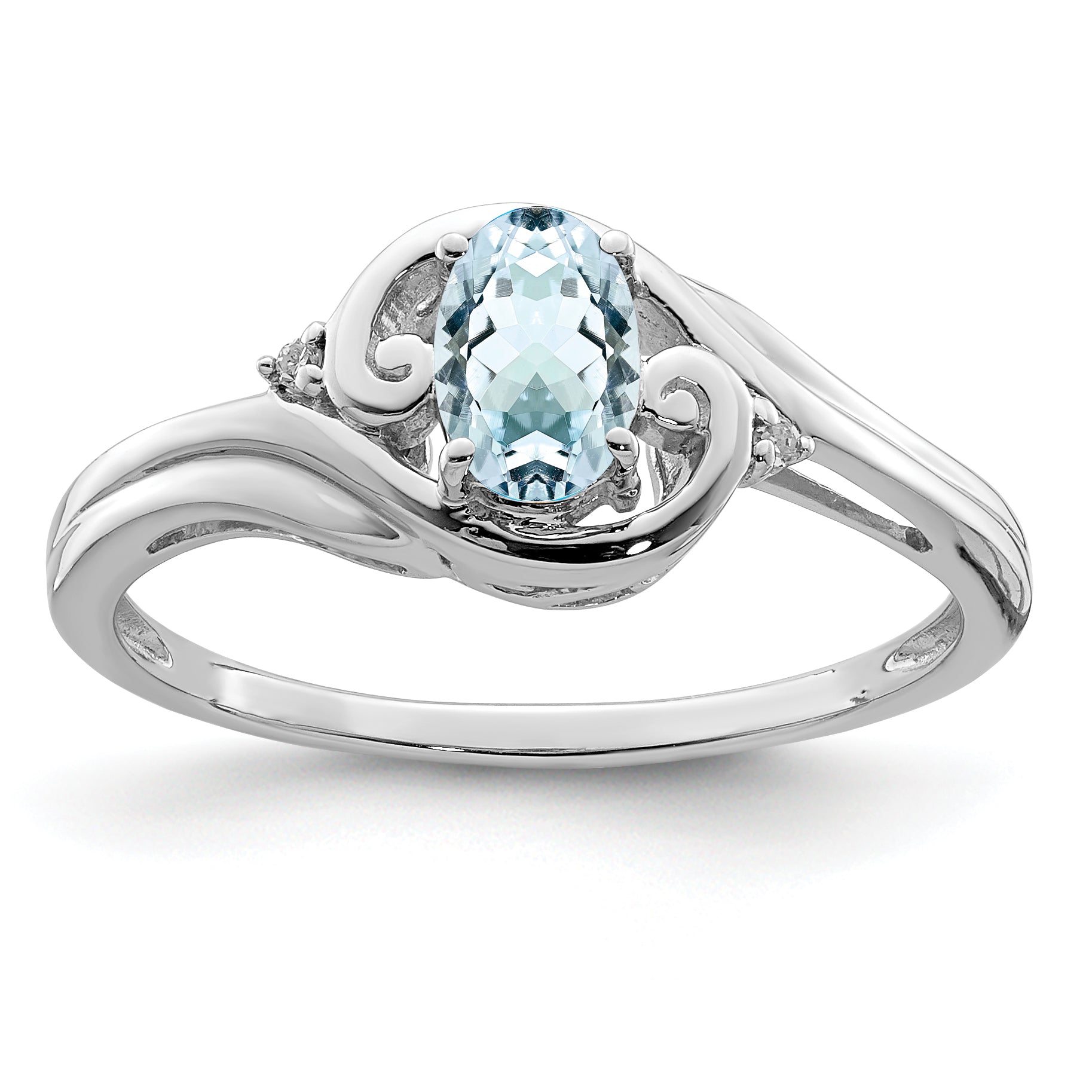 Sterling Silver Rhodium Plated Diamond & Aquamarine Ring Main image