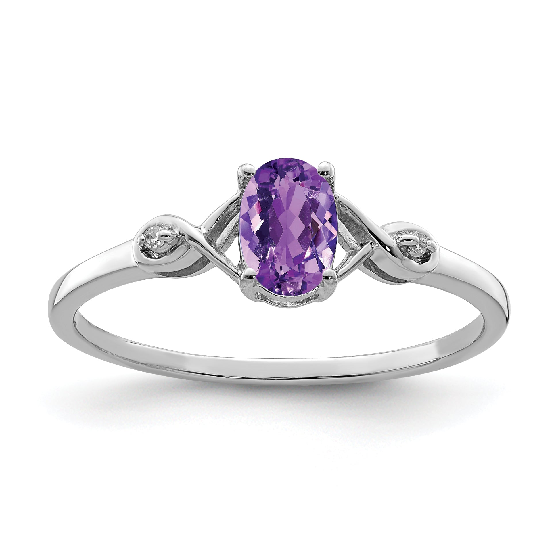 Sterling Silver Rhodium Plated Diamond and Amethyst Oval Ring Main image