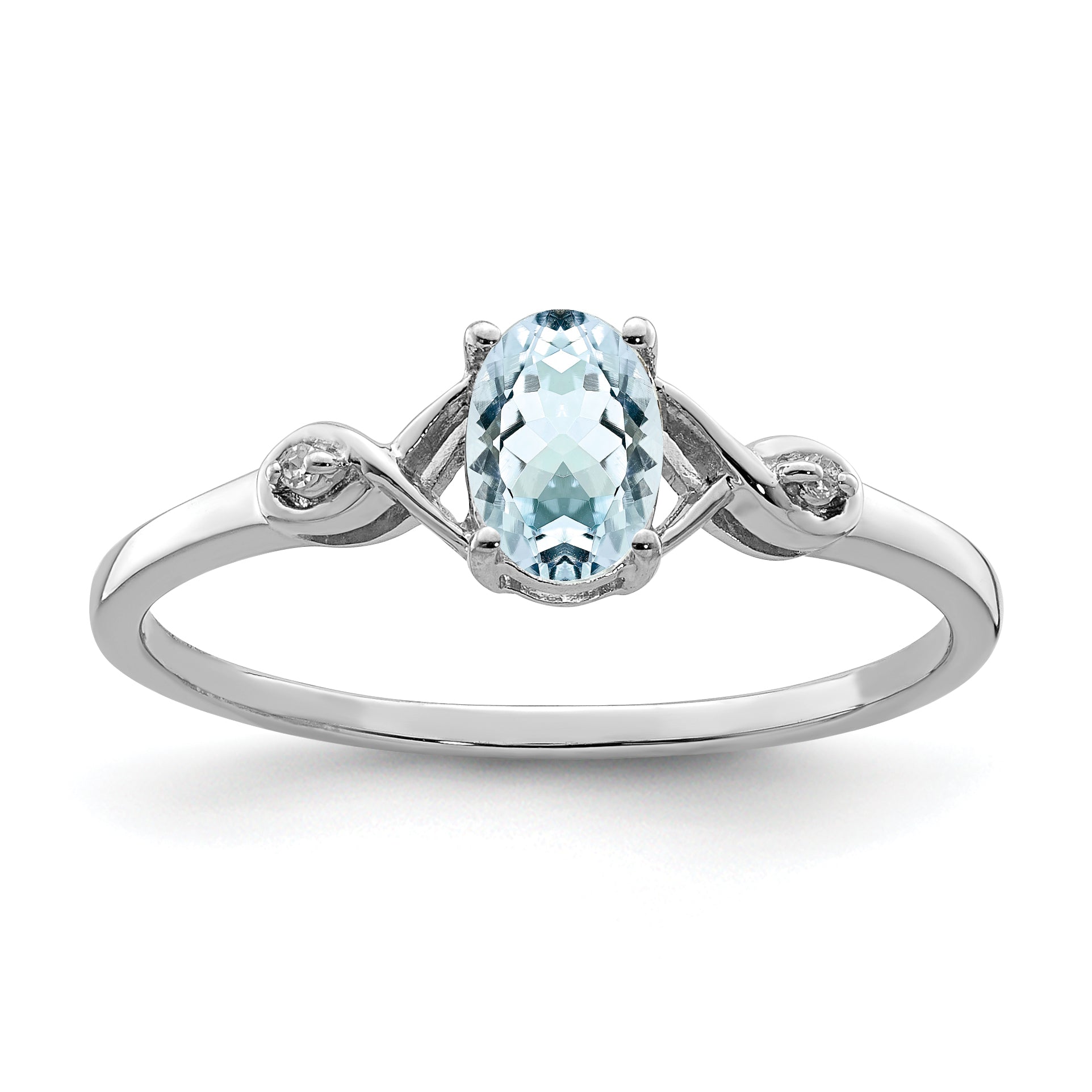 Sterling Silver Rhodium Plated Diamond and Aquamarine Oval Ring Main image