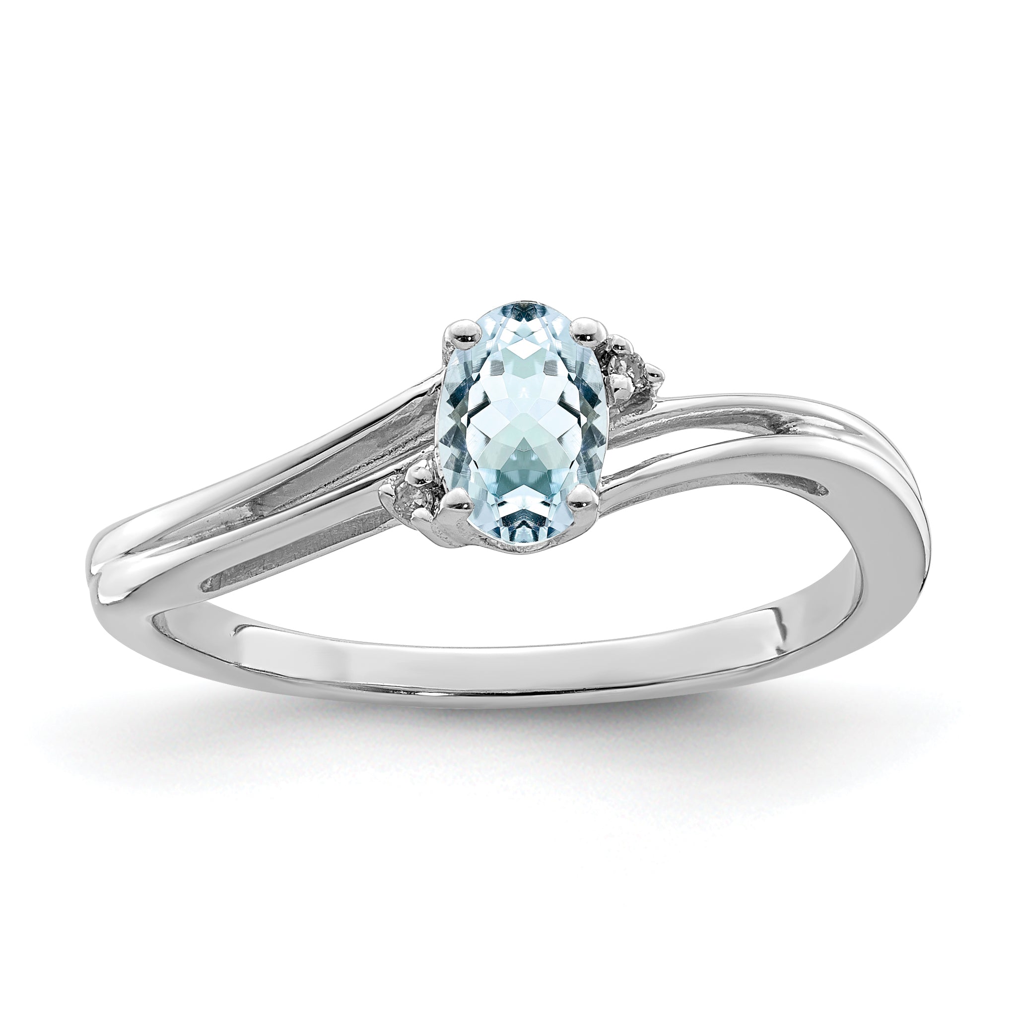 Sterling Silver Rhodium Plated Diamond & Aquamarine Oval Ring Main image