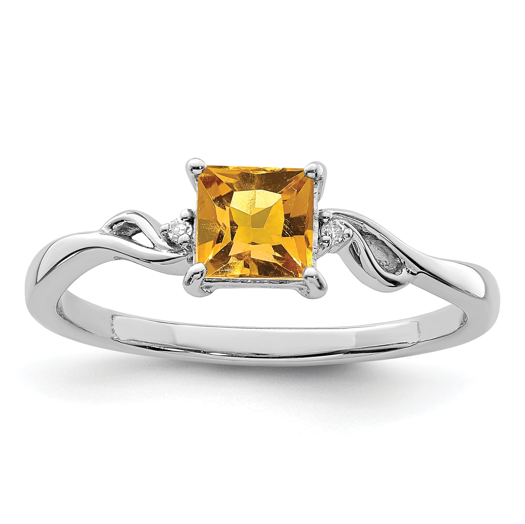 Sterling Silver Rhodium Plated Diamond & Citrine Square Ring Main image
