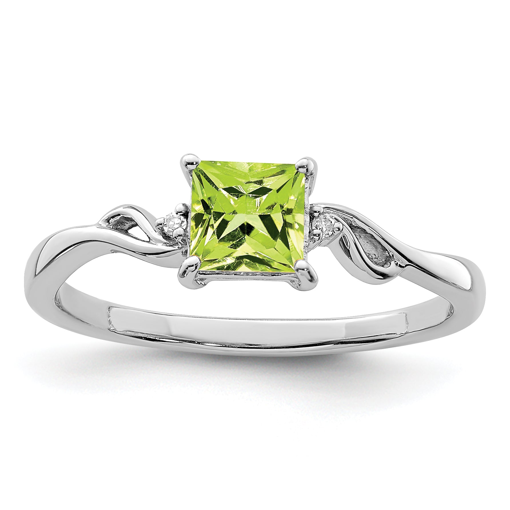 Sterling Silver Rhodium Plated Diamond & Peridot Square Ring Main image