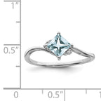 Sterling Silver Rhodium Plated Diamond & Aquamarine Square Ring