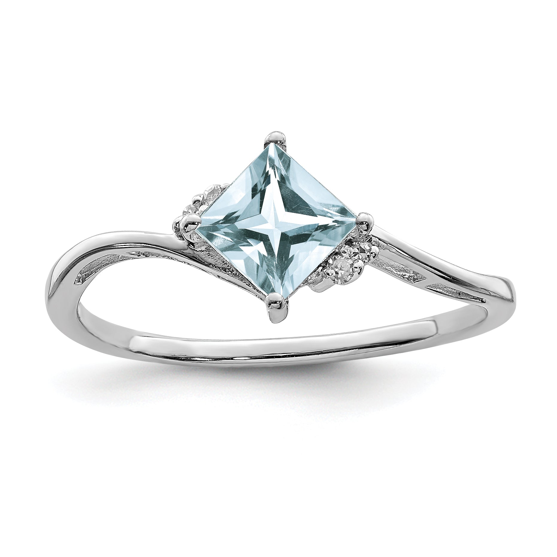 Sterling Silver Rhodium Plated Diamond & Aquamarine Square Ring Main image