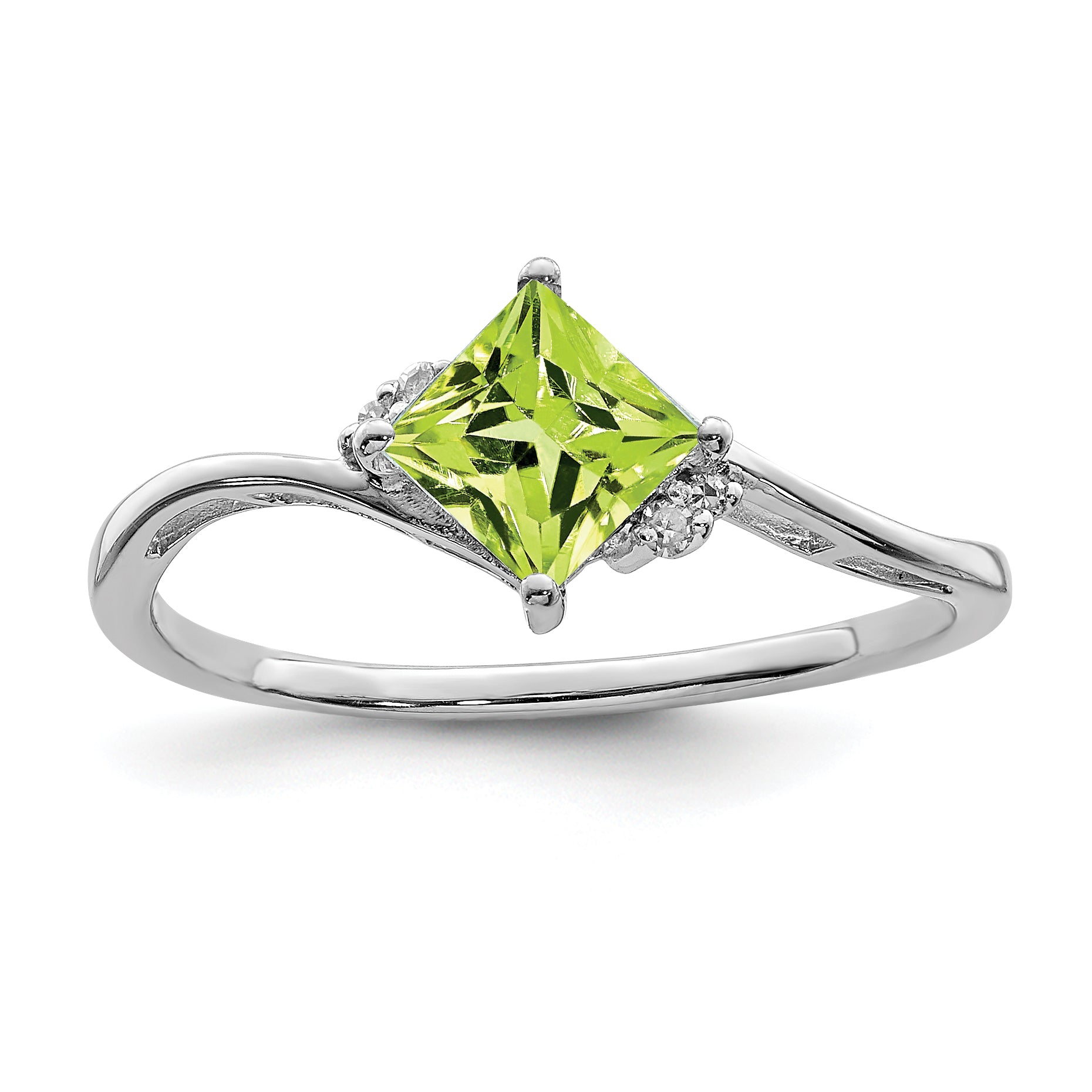 Sterling Silver Rhodium Plated Diamond & Peridot Square Ring Main image