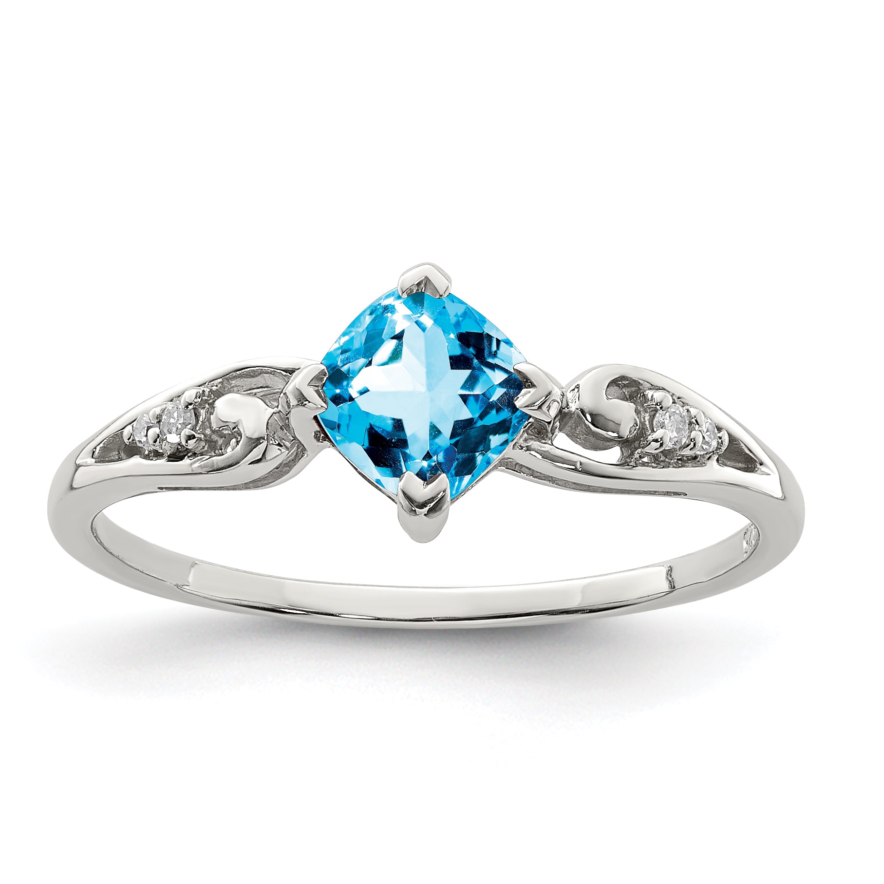 Sterling Silver Rhodium Plated Diamond and Sky Blue Topaz Cushion Ring Main image