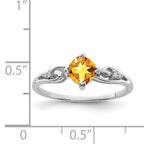 Sterling Silver Rhodium Plated Diamond and Citrine Cushion Ring