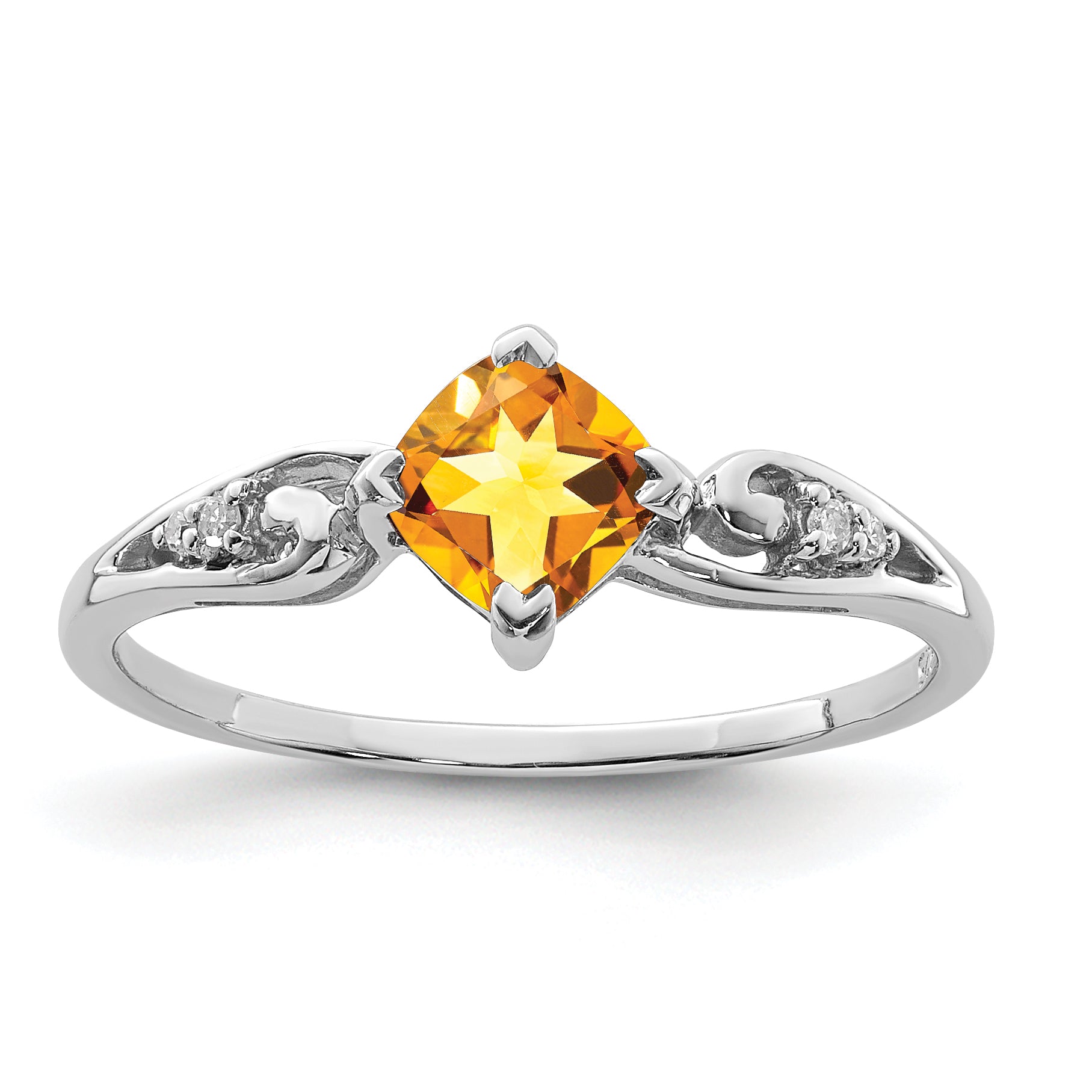 Sterling Silver Rhodium Plated Diamond and Citrine Cushion Ring Main image