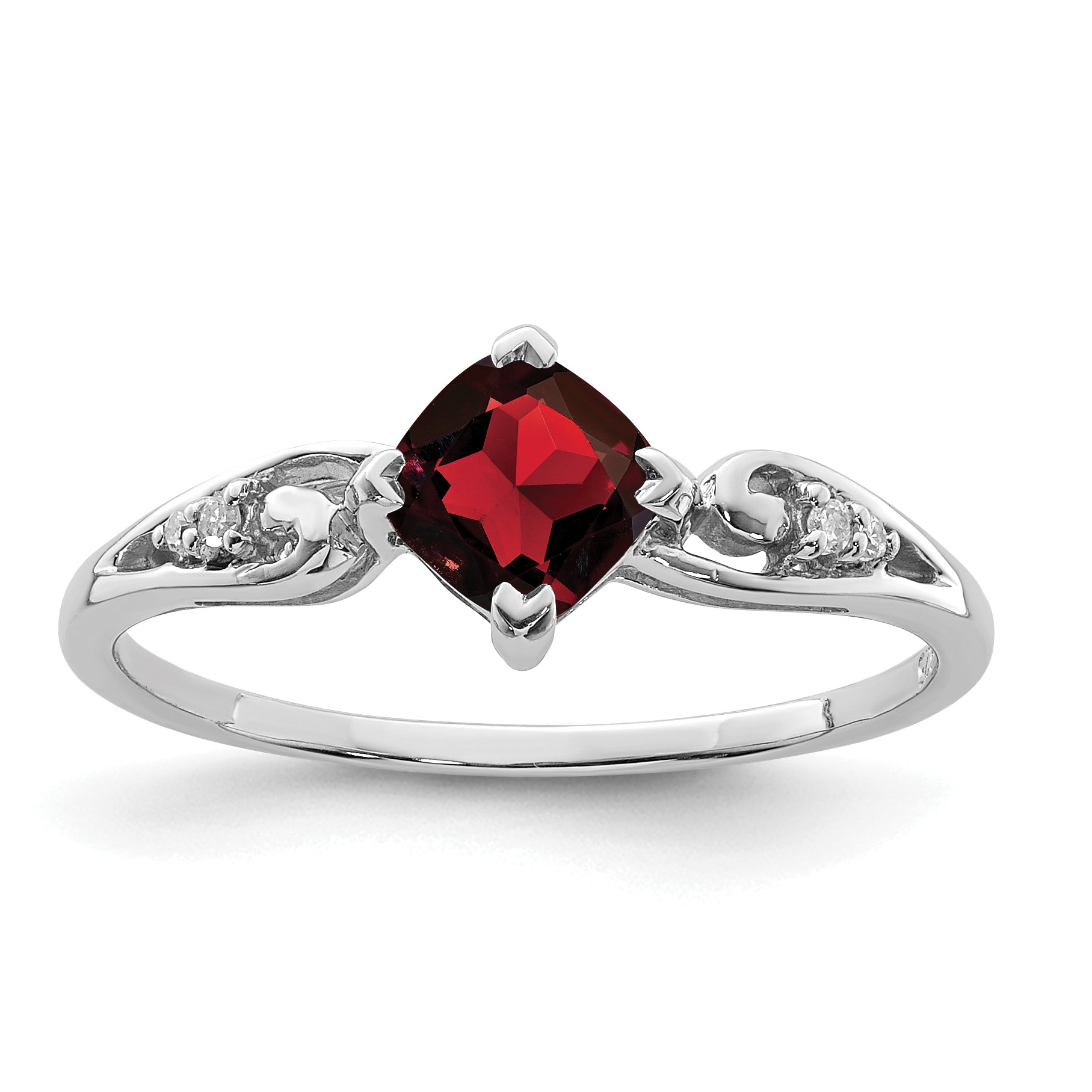 Sterling Silver Rhodium Plated Diamond and Garnet Cushion Ring Main image