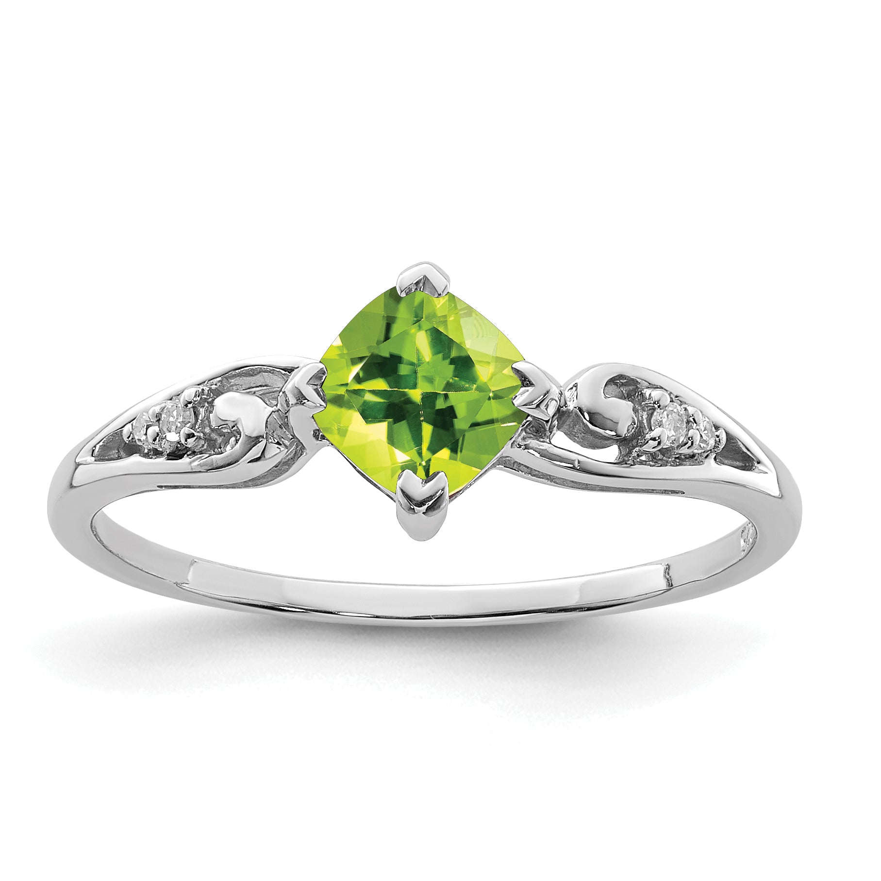 Sterling Silver Rhodium Plated Diamond and Peridot Cushion Ring Main image