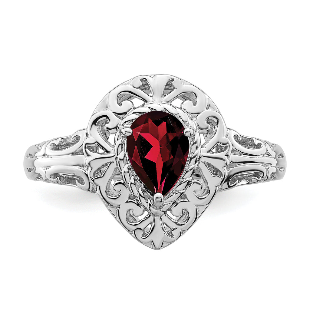 Sterling Silver Rhodium-Plated Plated Garnet Teardrop Ring