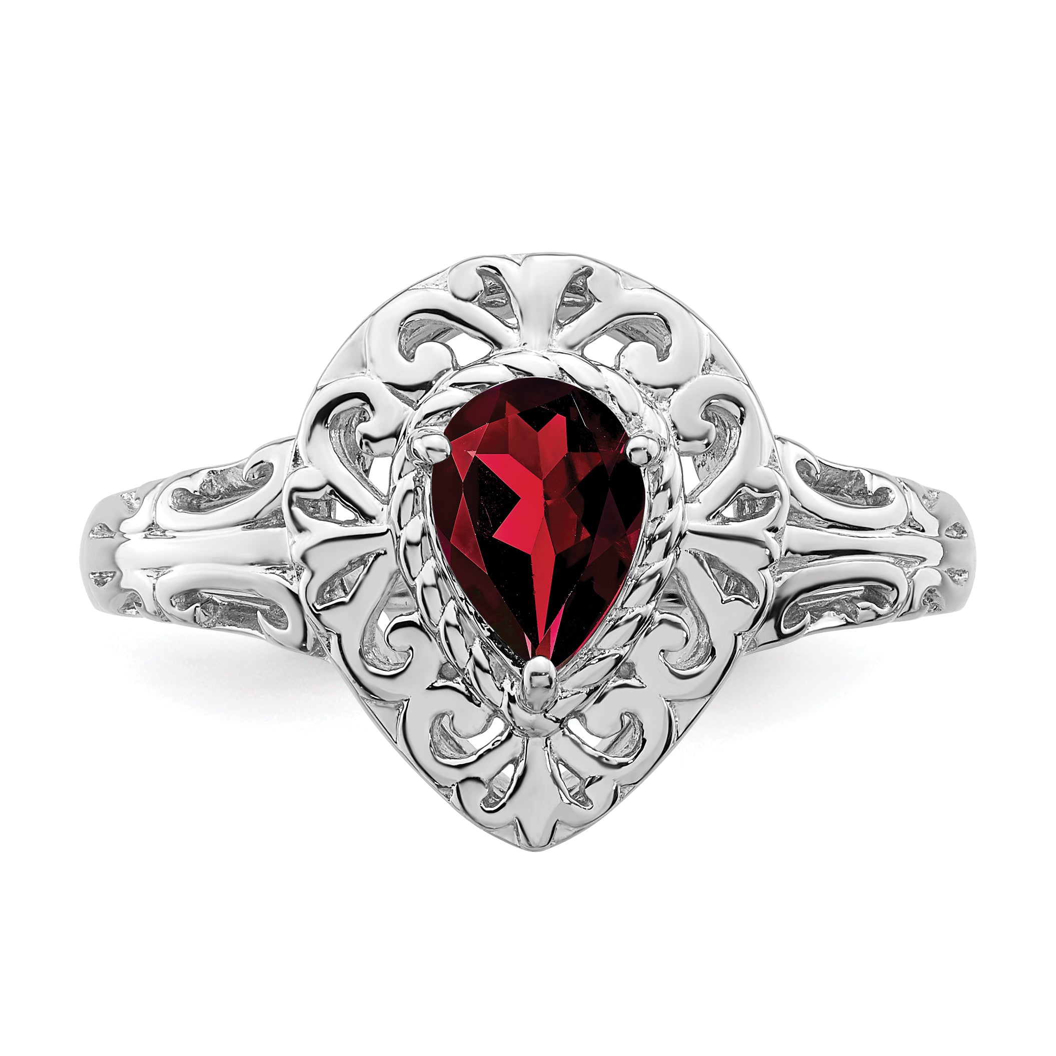 Sterling Silver Rhodium-Plated Plated Garnet Teardrop Ring