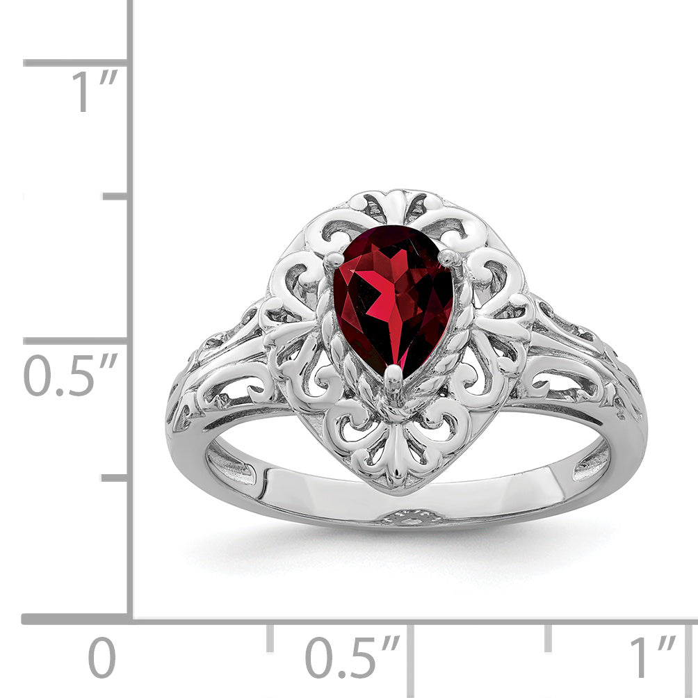 Sterling Silver Rhodium-Plated Plated Garnet Teardrop Ring