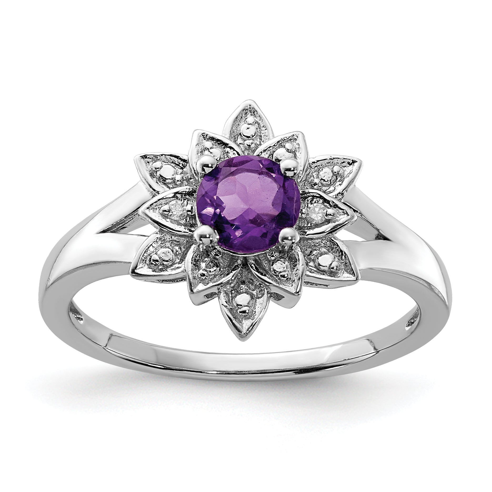 Sterling Silver Rhodium-plated Diamond & Amethyst Ring Main image