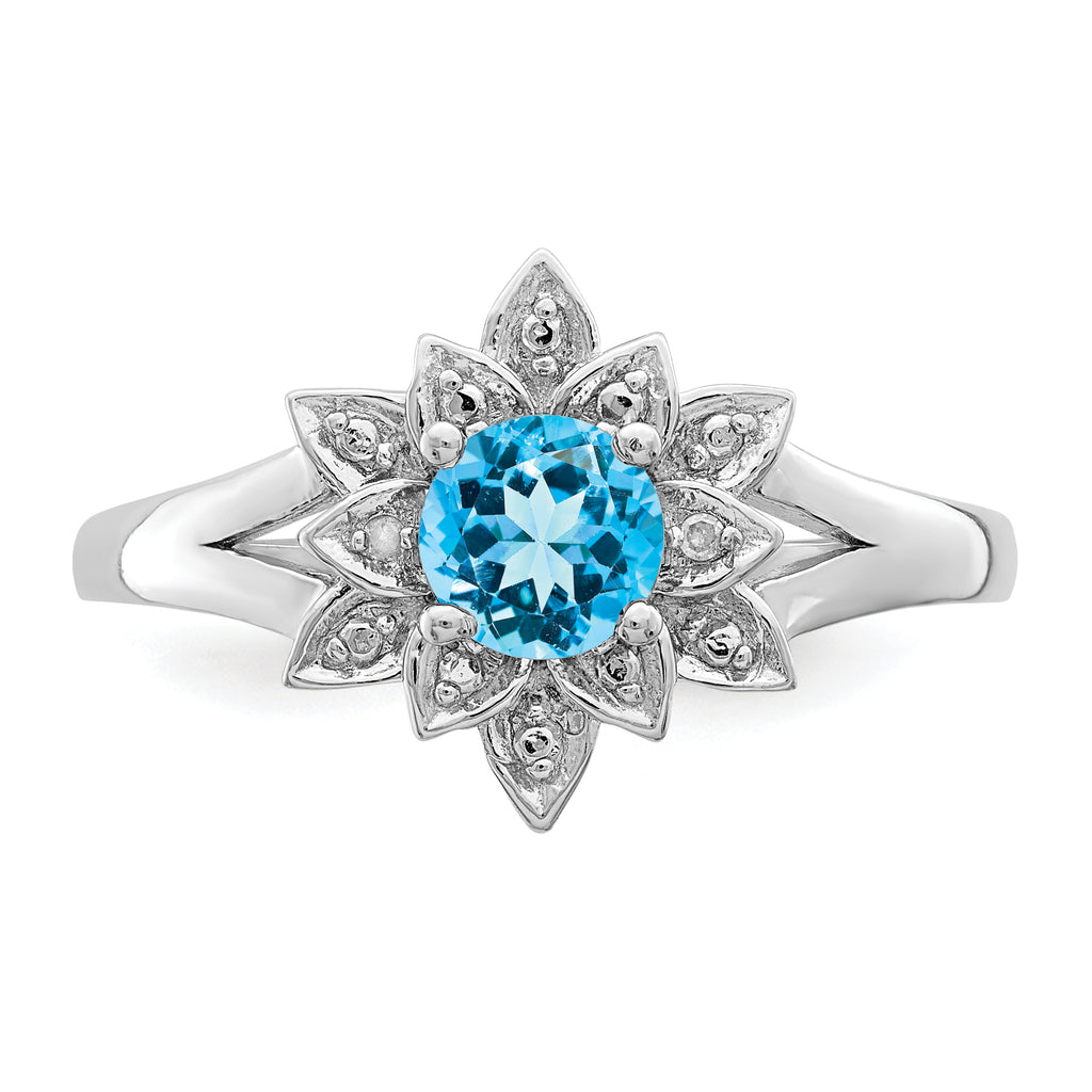 Sterling Silver Rhodium-Plated Diamond and Light Blue Topaz Ring