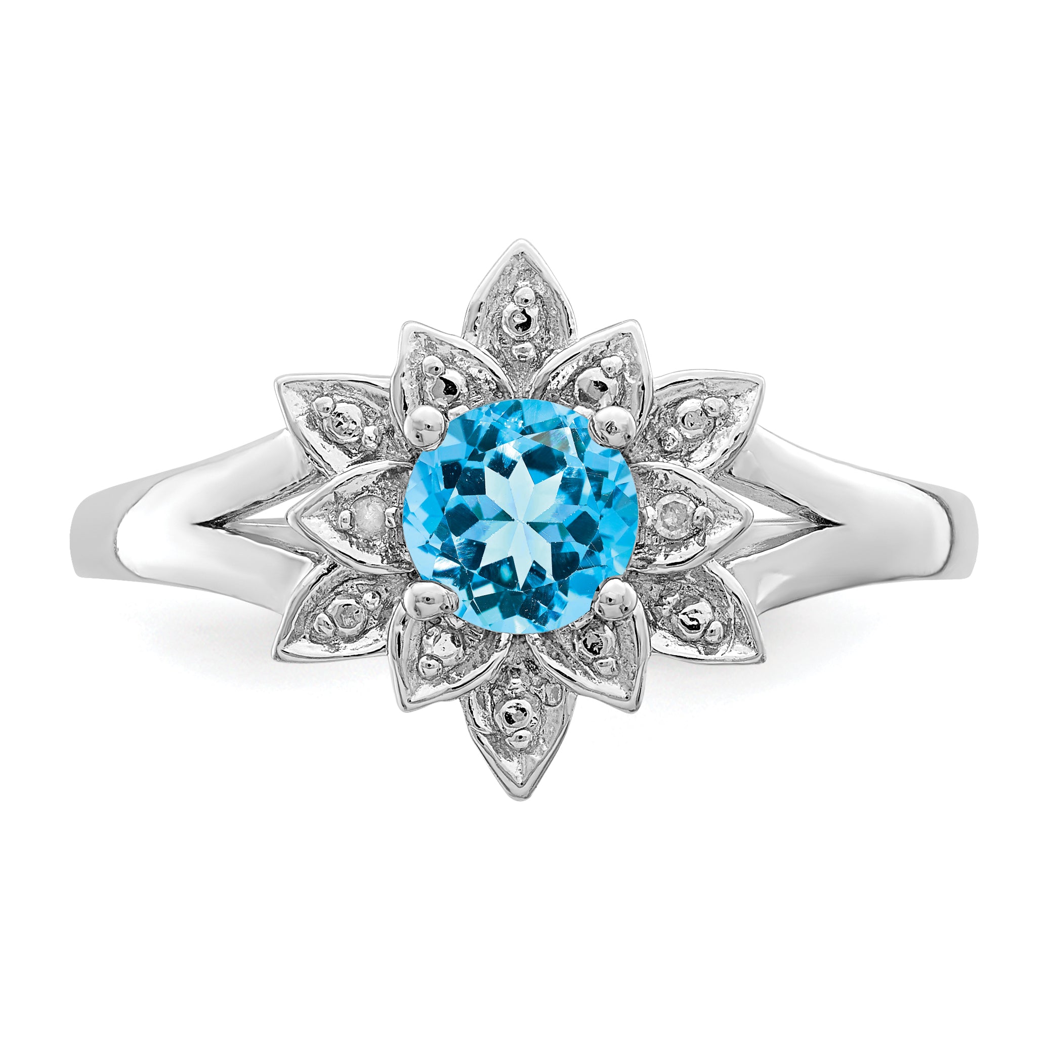Sterling Silver Rhodium-Plated Diamond and Light Blue Topaz Ring
