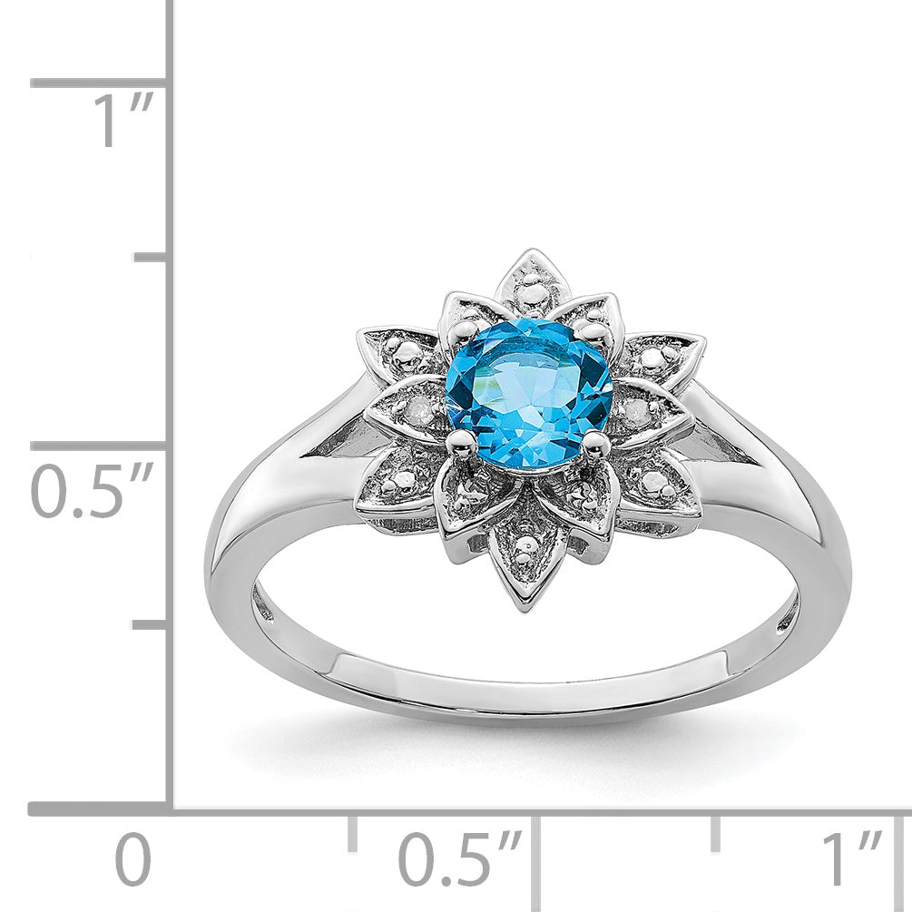 Sterling Silver Rhodium-Plated Diamond and Light Blue Topaz Ring