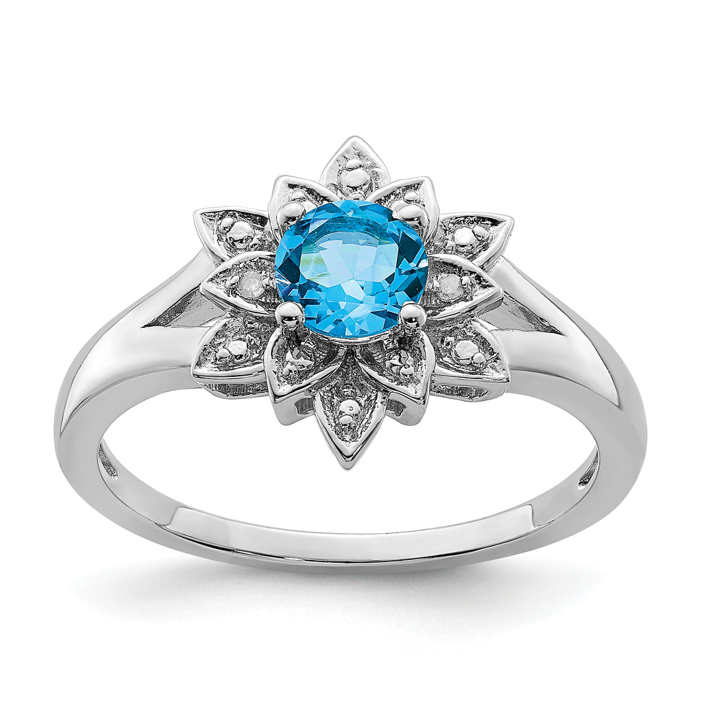 Sterling Silver Rhodium-Plated Diamond and Light Blue Topaz Ring