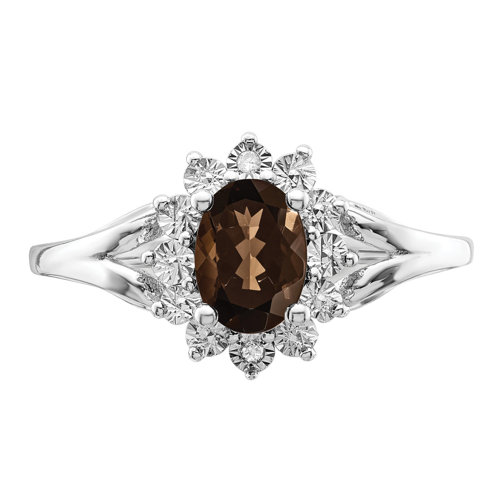 Sterling Silver Rhodium-Plated Diamond and Smoky Quartz Ring