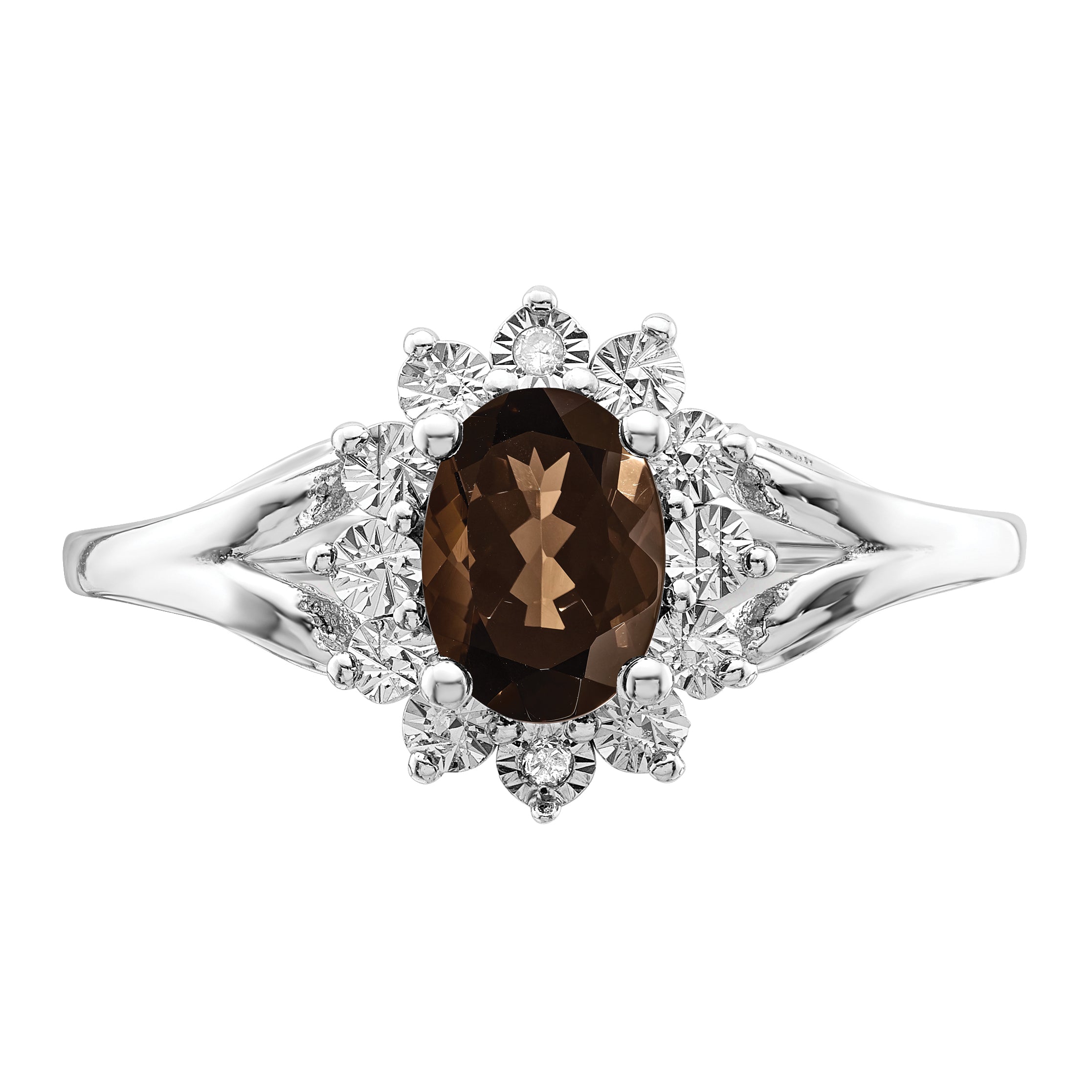 Sterling Silver Rhodium-Plated Diamond and Smoky Quartz Ring