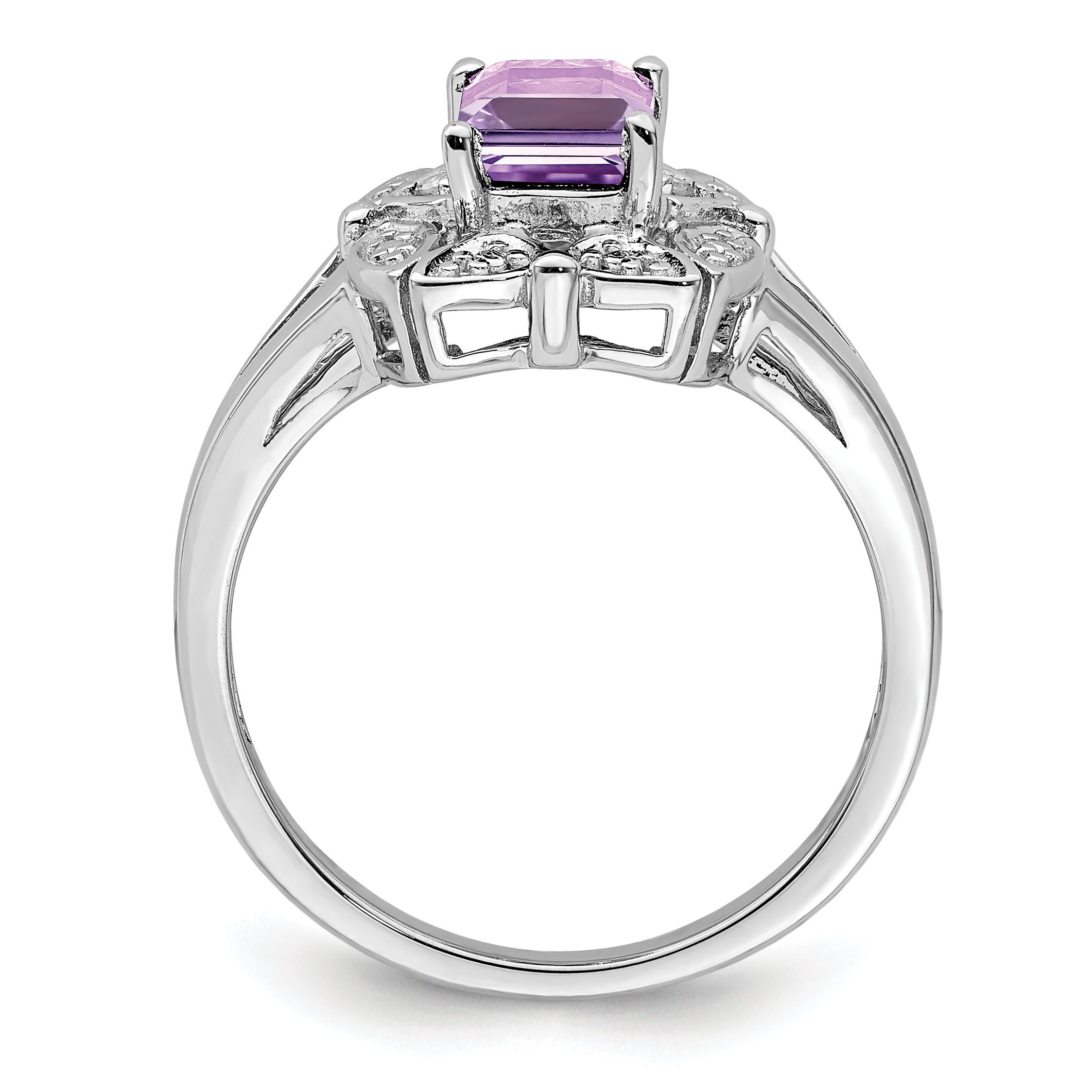 Sterling Silver Rhodium Diam. & Pink Quartz Ring