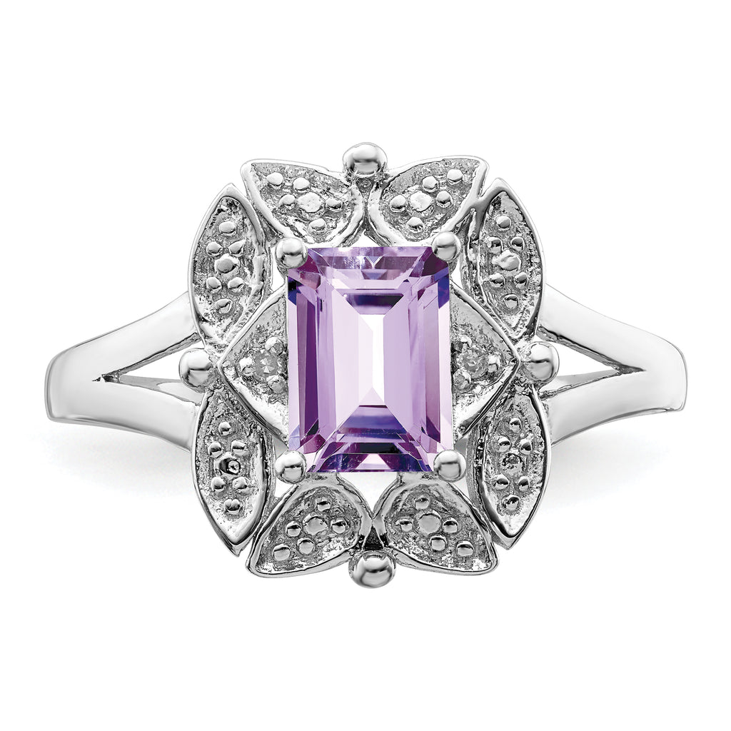 Sterling Silver Rhodium Diam. & Pink Quartz Ring